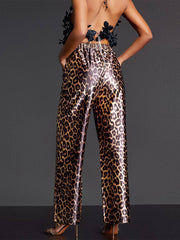 Fashion Leopard Print Satin Loose Pants