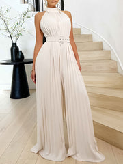 Solid Color O Neck With Belt Pleated Loose Jumpsuits