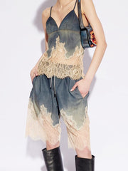 Fashion Lace Patchwork Denim Top and Shorts Sets