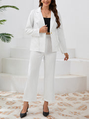 Striped Lapel Blazer Straight Pants 2 Piece Set