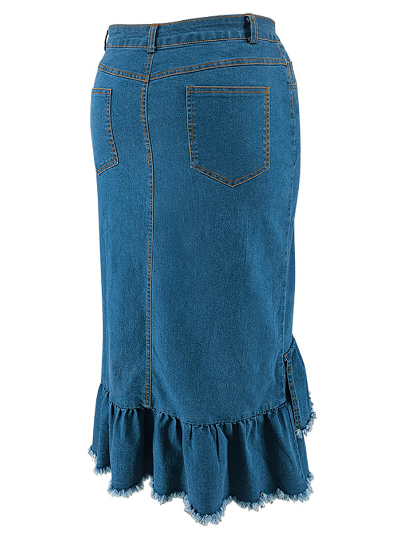 Casual High Waist Tassels Denim Skirt