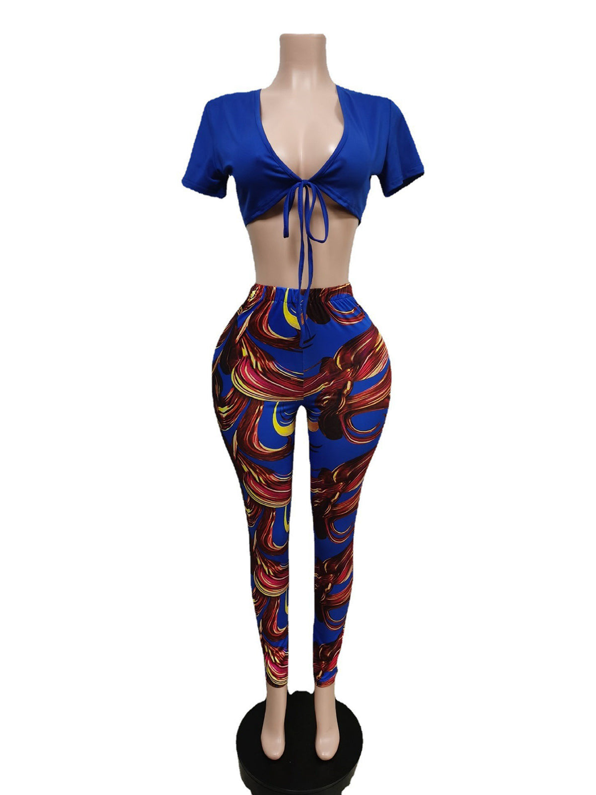 Sexy Bandage Short Sleeve Crop Top Print Pants Set