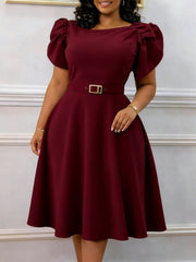 Elegant Solid Color Puff Sleeve High Waist Midi Dress