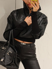 PU Leather Patchwork High Collar Hoodie
