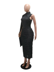 Round Collar Sleeveless Faux Fur Patchwork Midi Dress