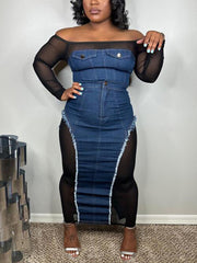 Sheer Mesh Patchwork Denim Skirt Sets