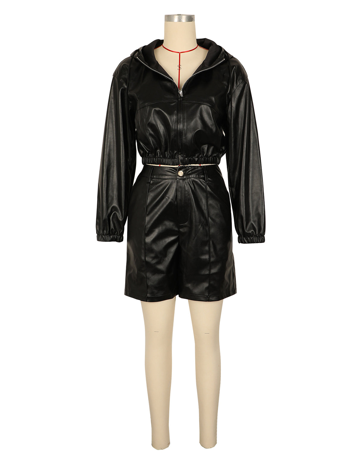 Fashion Hooded Zip Faux Leather Jacket Shorts Sets