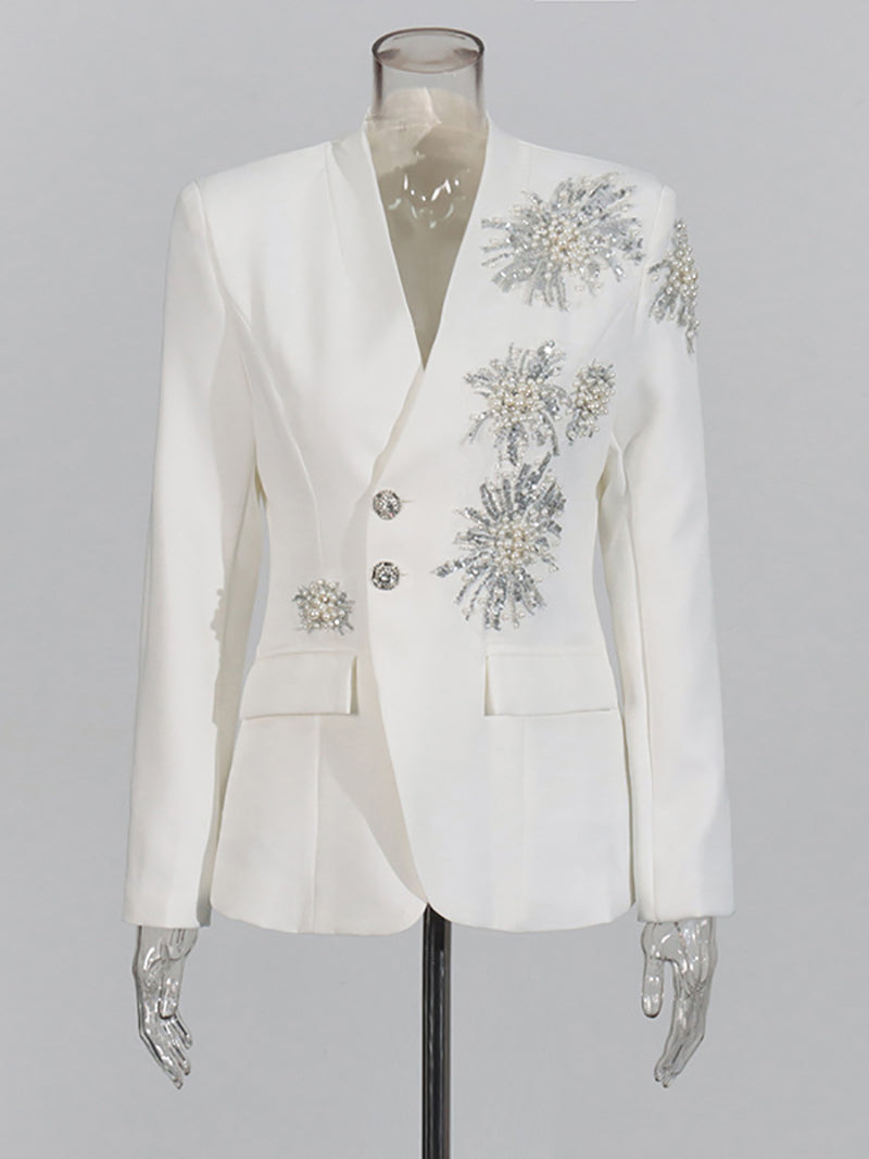 Fashion Rhinestone Pearl Decorate Slim Blazer