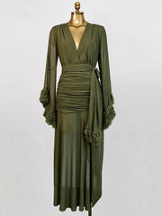 Feather Trim Asymmetric V Neck Dress-boutique