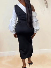 Sloping Shoulder Lantern Sleeve Mid Dress