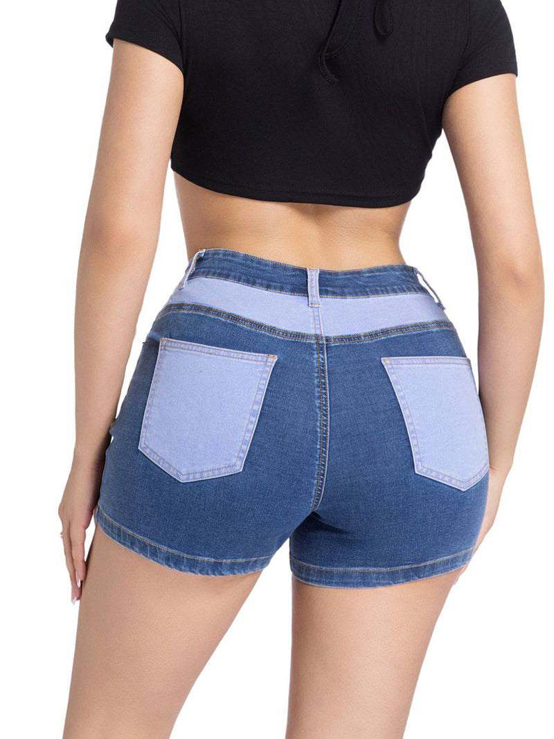 Contrast Color Patchwork Stretch Denim Shorts