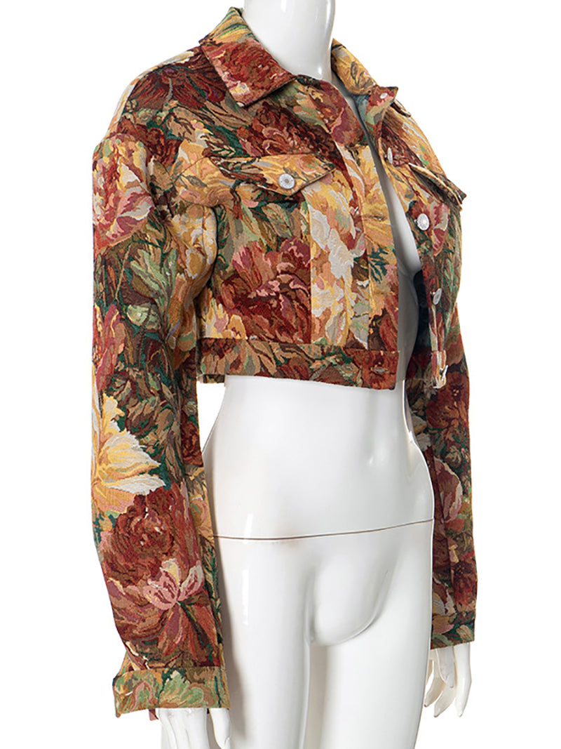 Fashion Vintage Jacquard Button Cropped Jacket