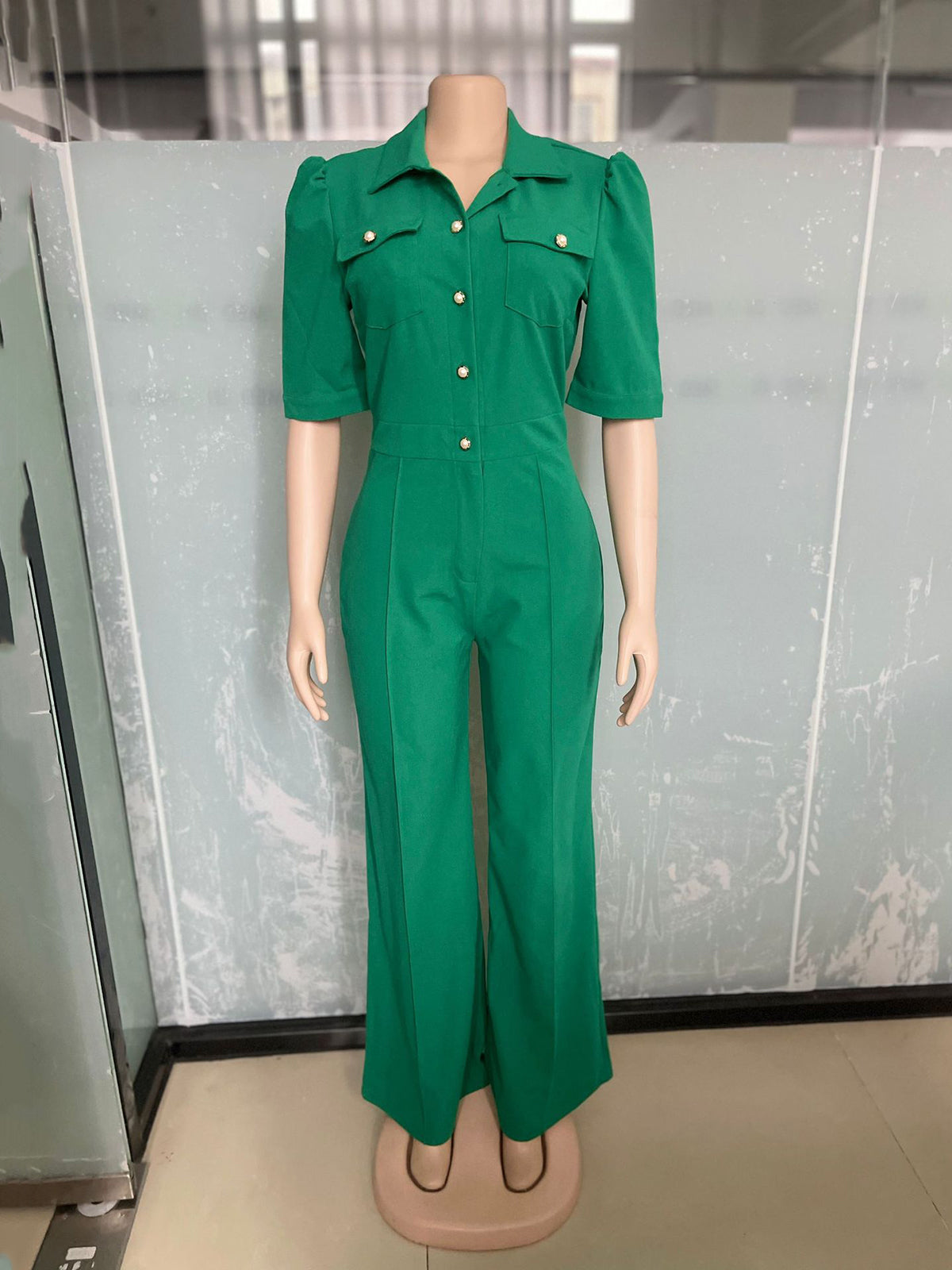 Turndown Collar Short Sleeve Wide Leg Jumpsuit