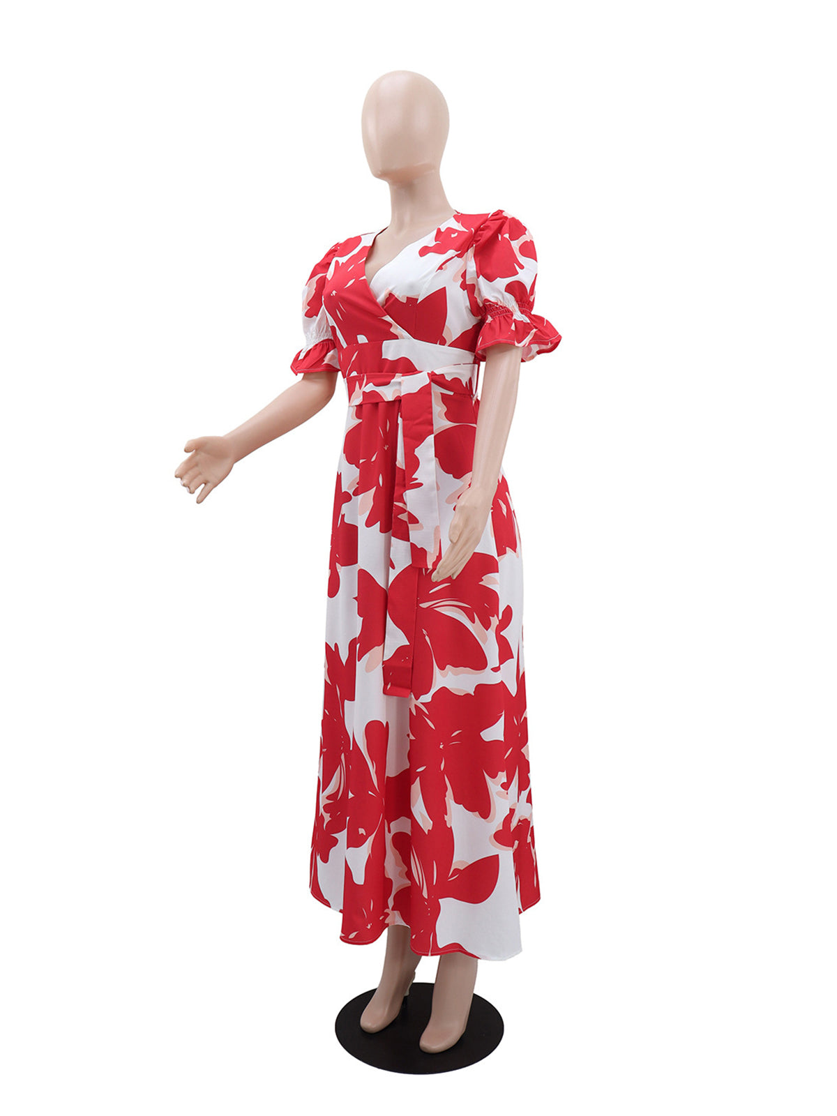 Elegant V Neck Floral Print Pleated Evening Dress