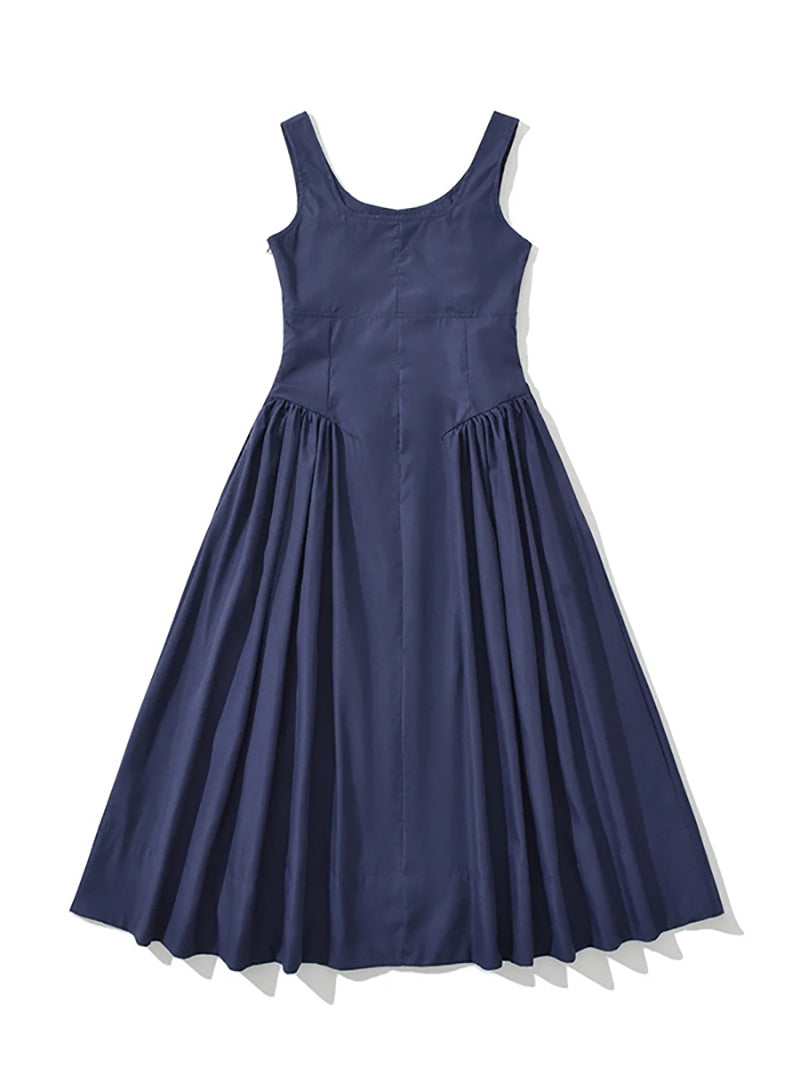Sleeveless Cinched Waist Pleated Ruffles Midi Dress