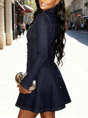 Fashion Pleated Denim Mini Shirt Dress