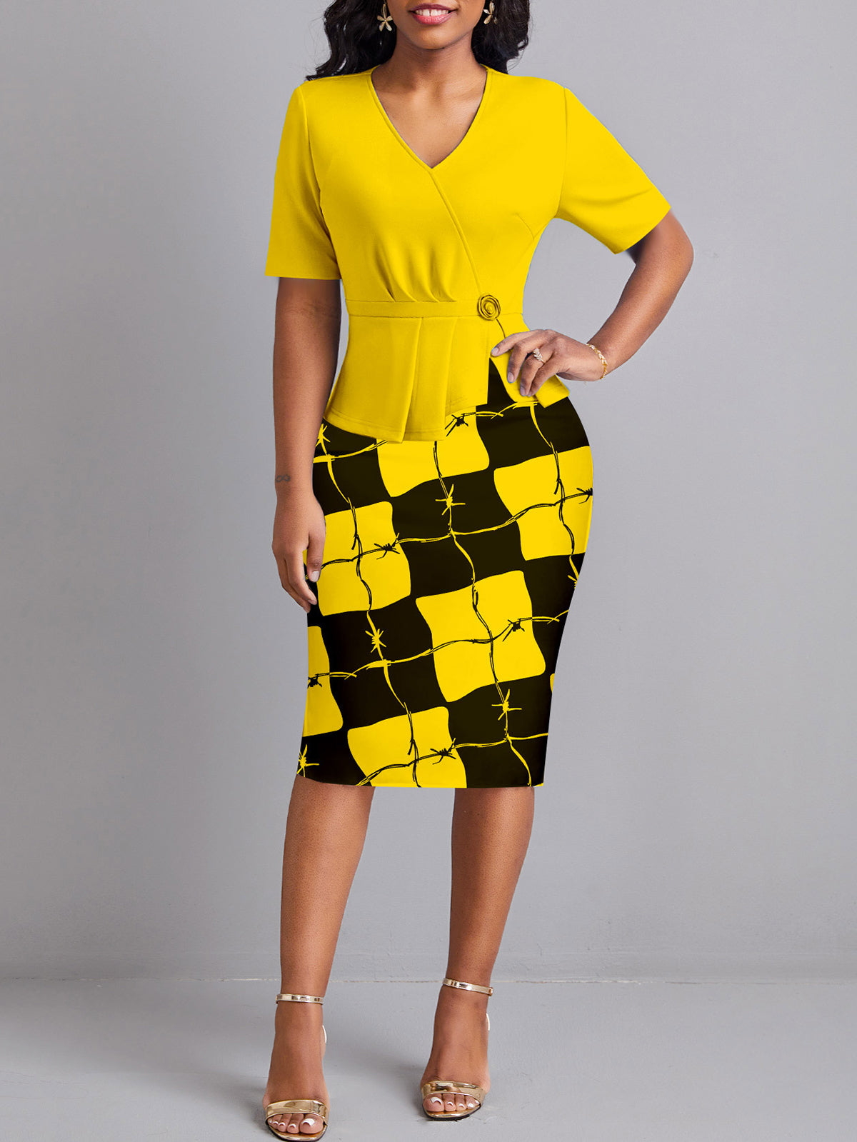 Print Patchwork Slit Ruched V Neck Wrapped Dress