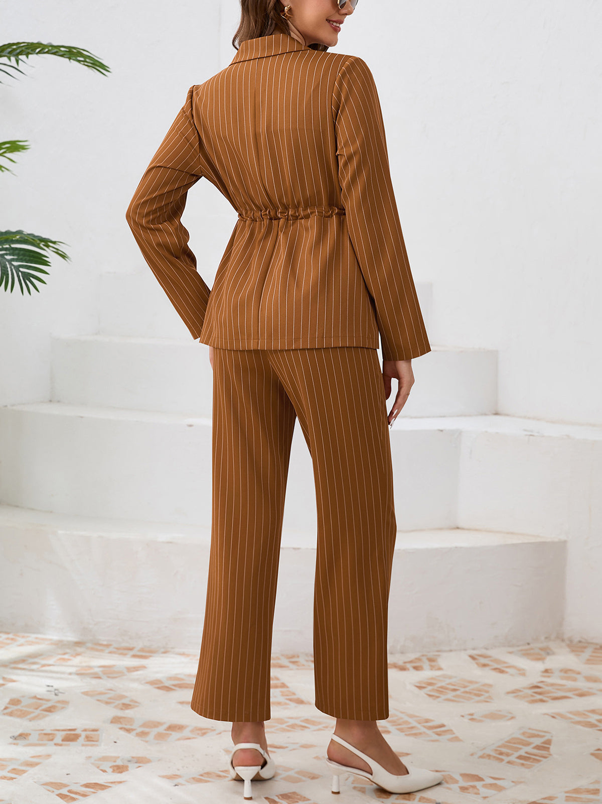 Striped Lapel Blazer Straight Pants 2 Piece Set