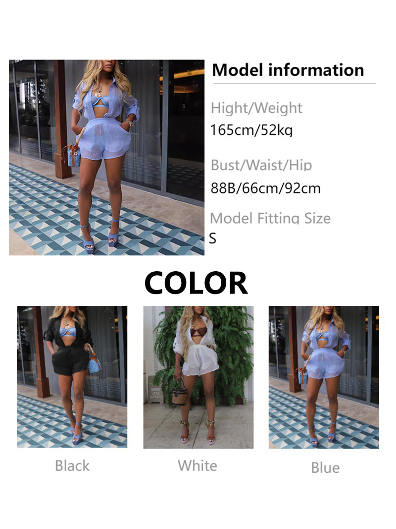 Mesh See Through Long Sleeve Shirt Shorts Sets