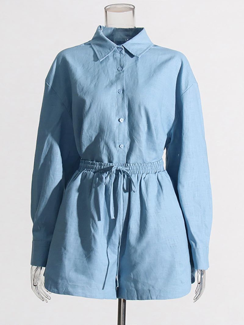 Simple Fashion Solid Color Shirt Shorts Casual Set