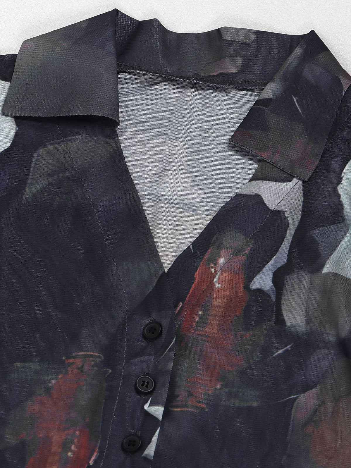 Sheer Mesh Print Shirt Long Pants Casual Set