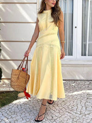 Elegant Sleeveless Hollow Cinched Waist Midi Dress