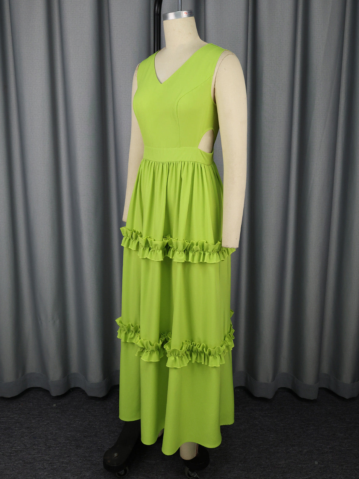 V Neck Sleeveless Ruffles High Waist Hollow Maxi Dress