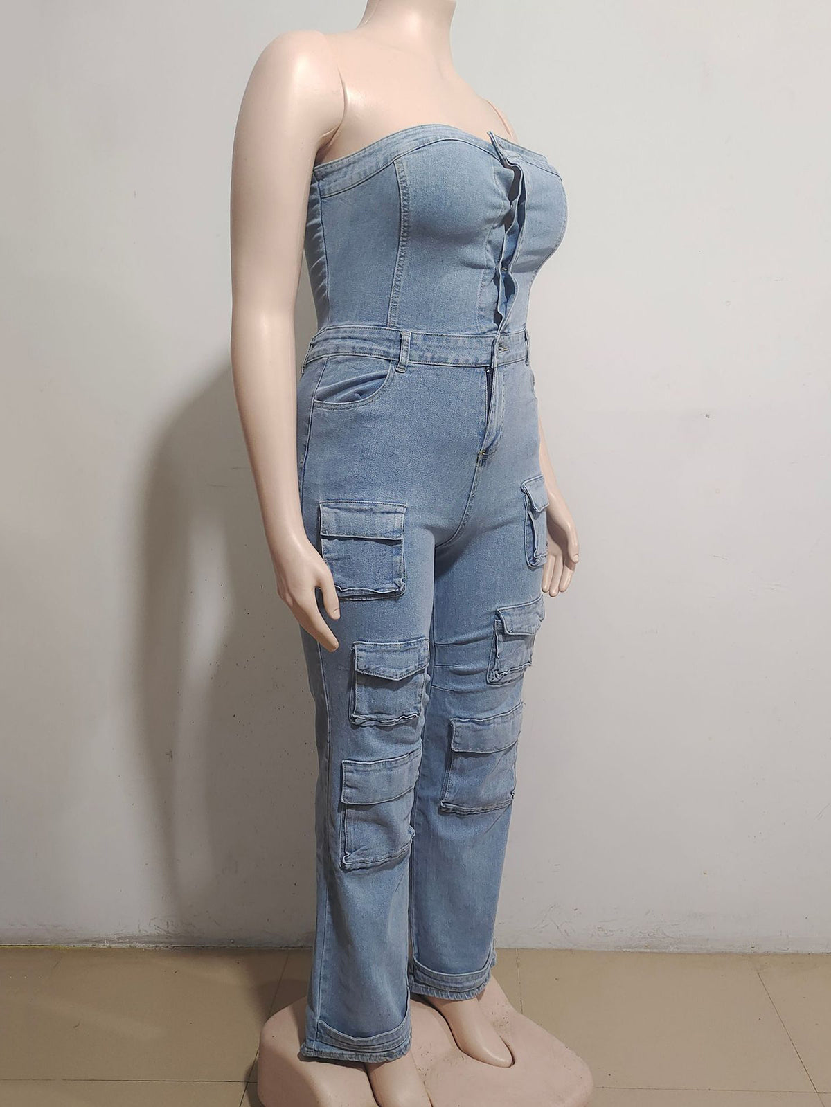 Casual High Waist Cargo Denim Jumpsuit