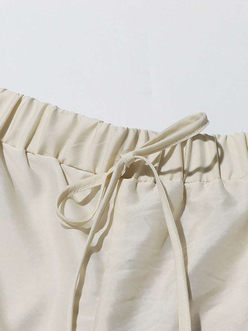 V-neck Lace-up Ruffled Top and Drawstring Shorts Set