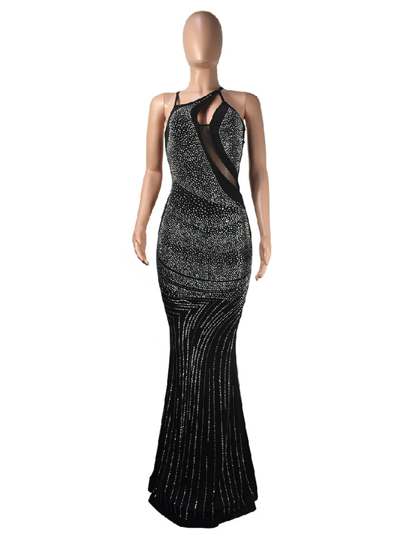 Rhinestone Hollow Bodycon Maxi Dress