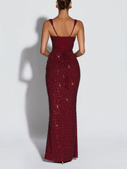 Sexy Elegant Sequin Embellished Cinched Waist Slim Maxi Dress