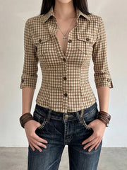 Casual Plaid Print Cinched Waist Button-Up Shirt Top