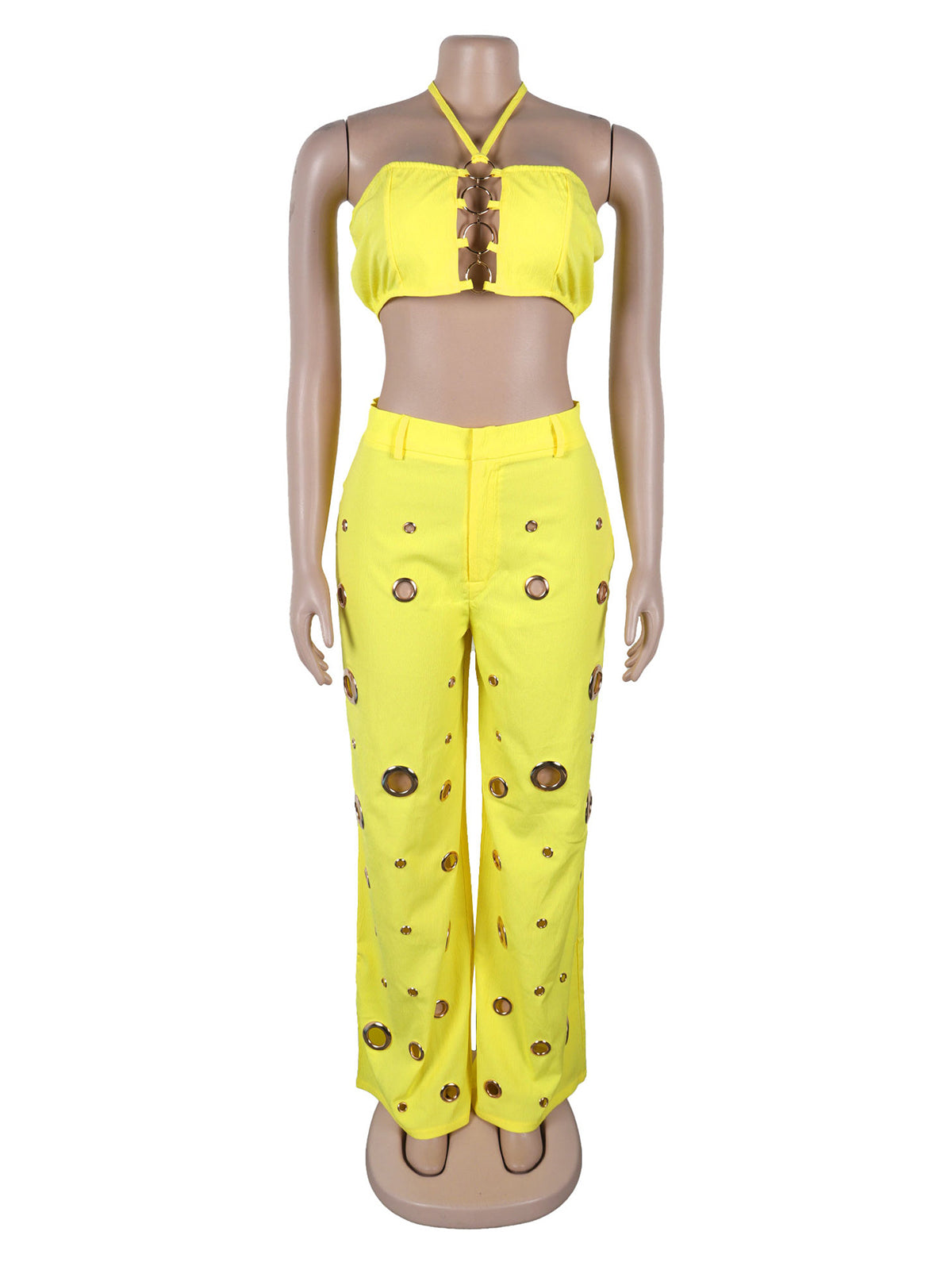 Sexy Metal Ring Hollow Crop Top Wide Leg Pants Sets