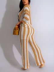 V Neck Hollow out Stripe Knit Trousers Casual Set