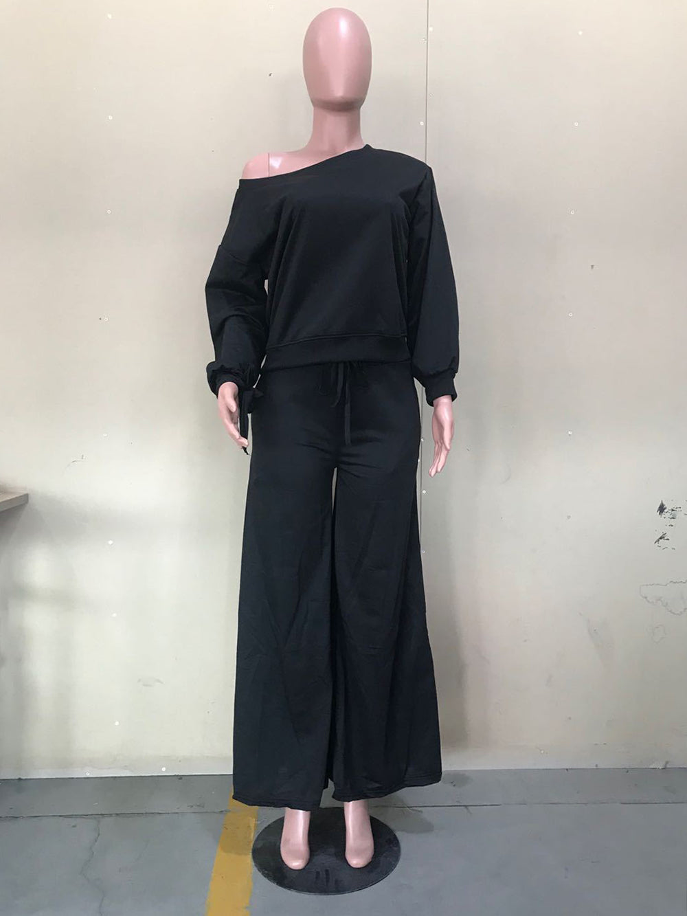 Casual Oblique Shoulder Tops High Waist Trousers Set