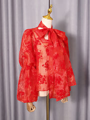 Elegant Floral Print Tie Up Mesh Sheer Shirt