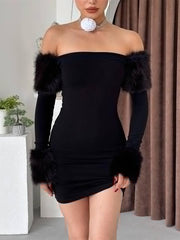 Off Shoulder Furry Trim Slim Mini Dress