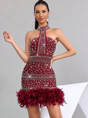 Rhinestone Choker Feather Trim Mini Dress