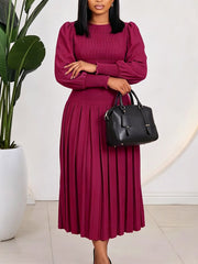 Puff Sleeve Textured Bodice Pleated Midi Dress
