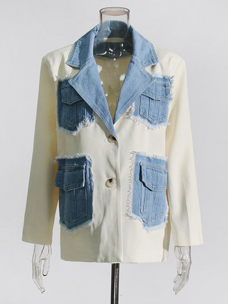 Colorblock Patchwork Denim Long Sleeve Blazer