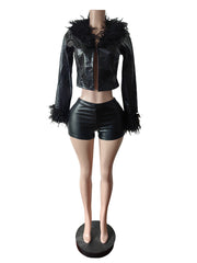 Vintage Faux Leather Crop Top Shorts Two Piece Set