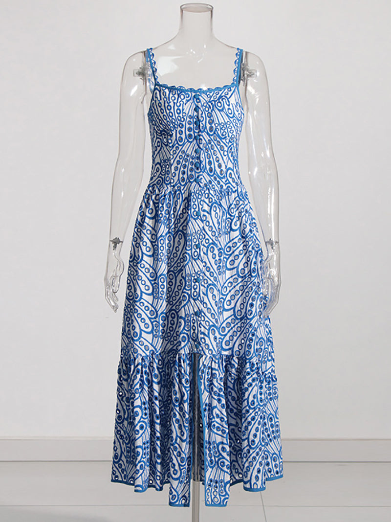 Elegant Embroidered High Waist Slip Midi Dress
