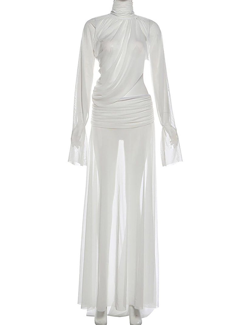 Sexy See-through High-neck Draped Top and Slit Skirt Set