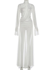 Sexy See-through High-neck Draped Top and Slit Skirt Set