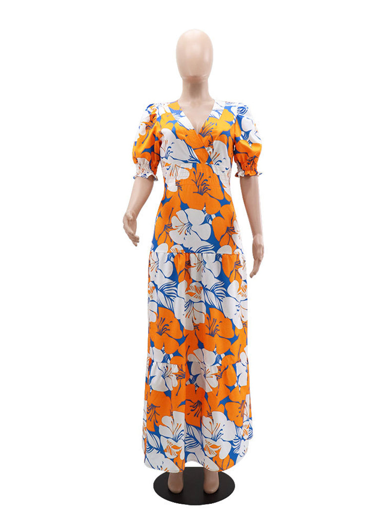 V Neck Print Bubble Sleeve Long Dress
