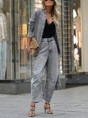 Casual Belted Denim Jacket And Wide Leg Jeans Set