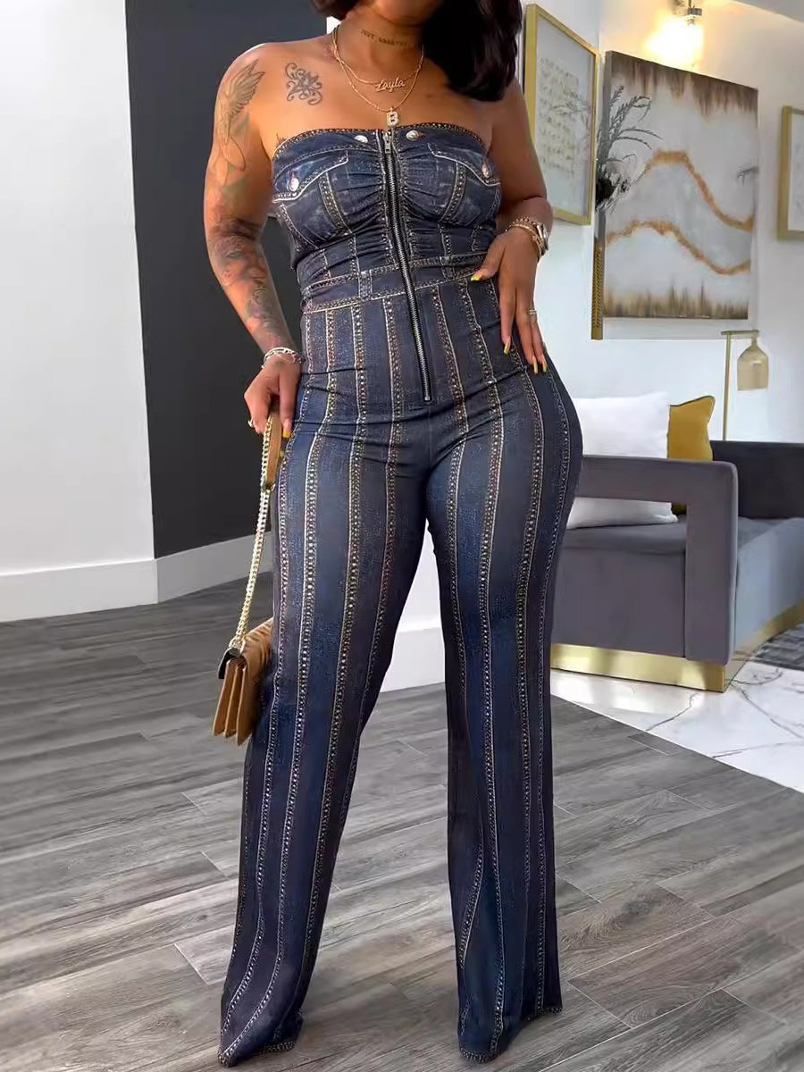 Denim-Print Strapless Slim Jumpsuit