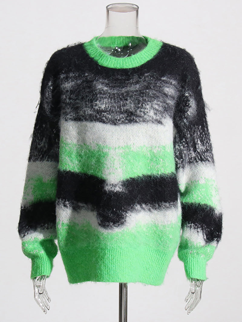 Casual Round Collar Gradient Color Striped Knit Sweater