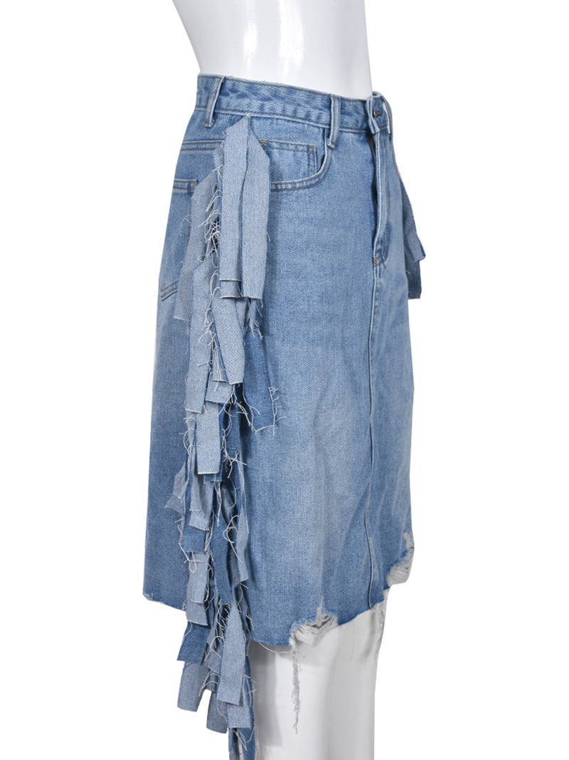 Casual High Waist Fringe Denim Skirt