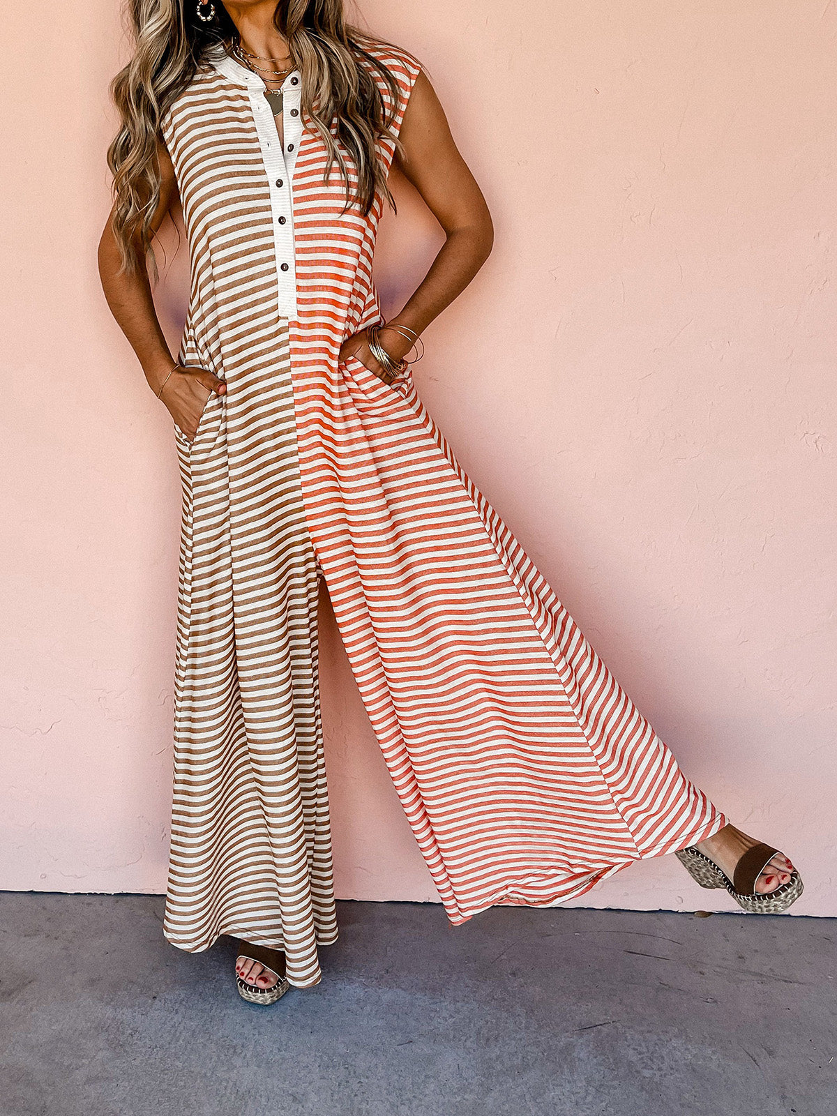 Casual Stripe Patchwork Wide Leg Jumpsuit